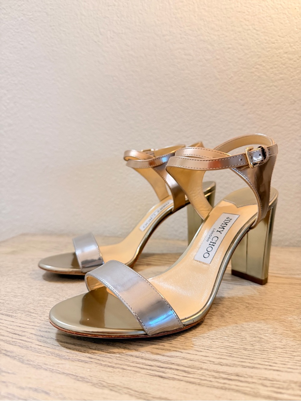 Jimmy Choo Lolita 100mm Metallic Rose Gold Block Heel Sandals